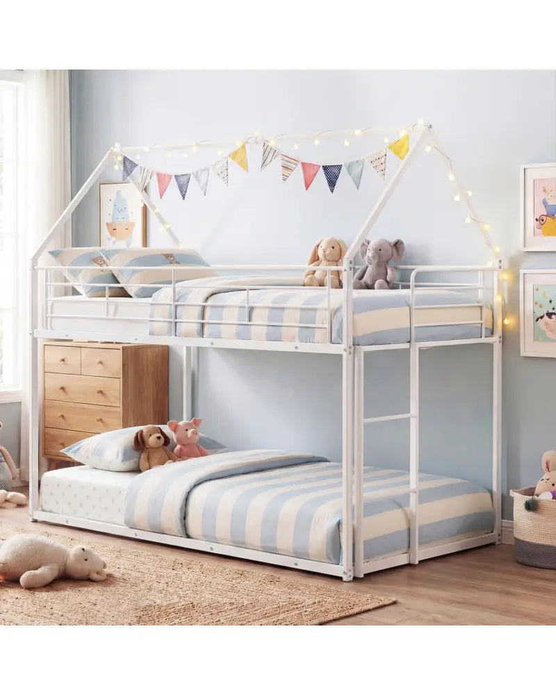 Twin Over Twin Metal Bunk Bed with Roof and Ladder-White - White - Bunk Bed Frame
