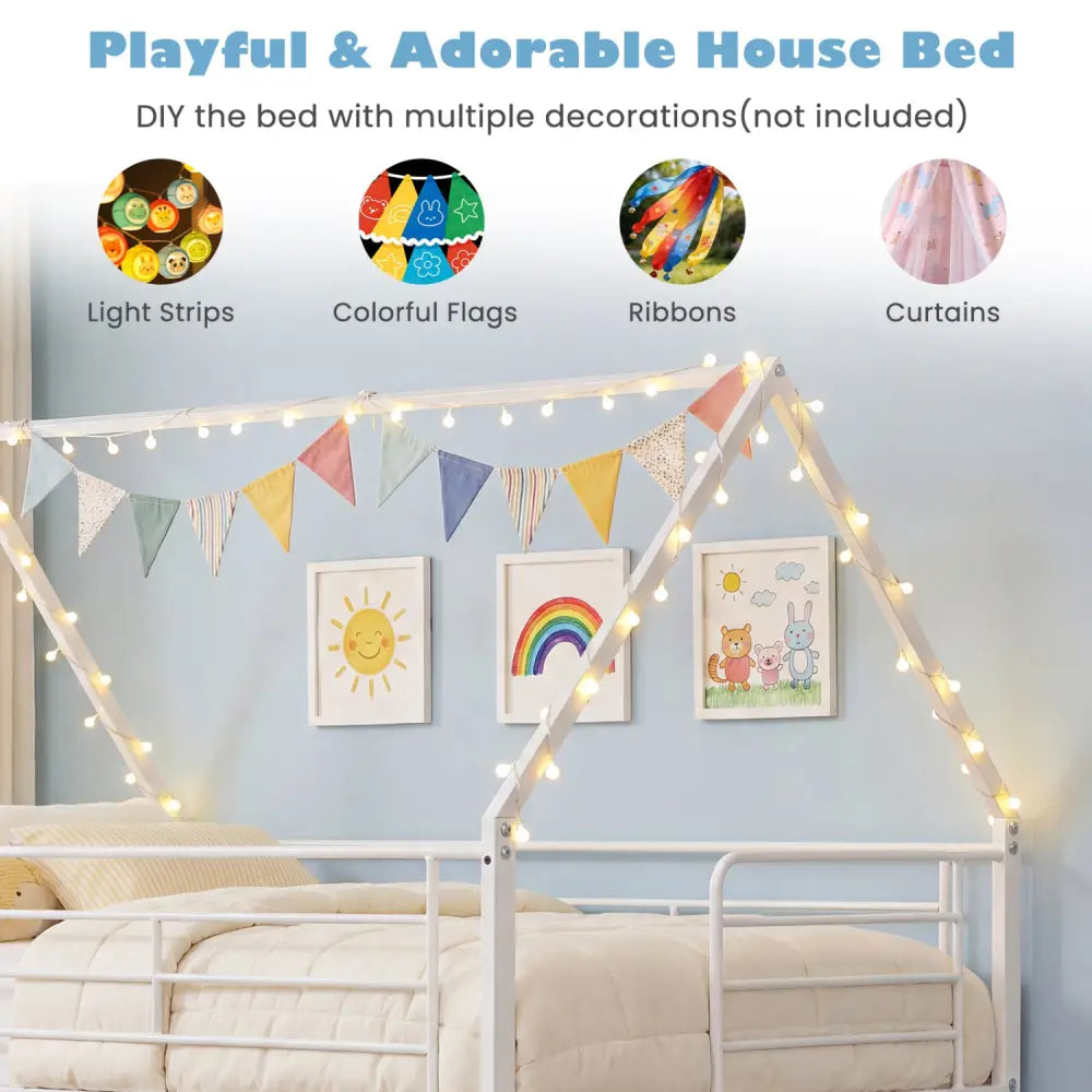 Twin Over Twin Metal Bunk Bed with Roof and Ladder-White - White - Bunk Bed Frame