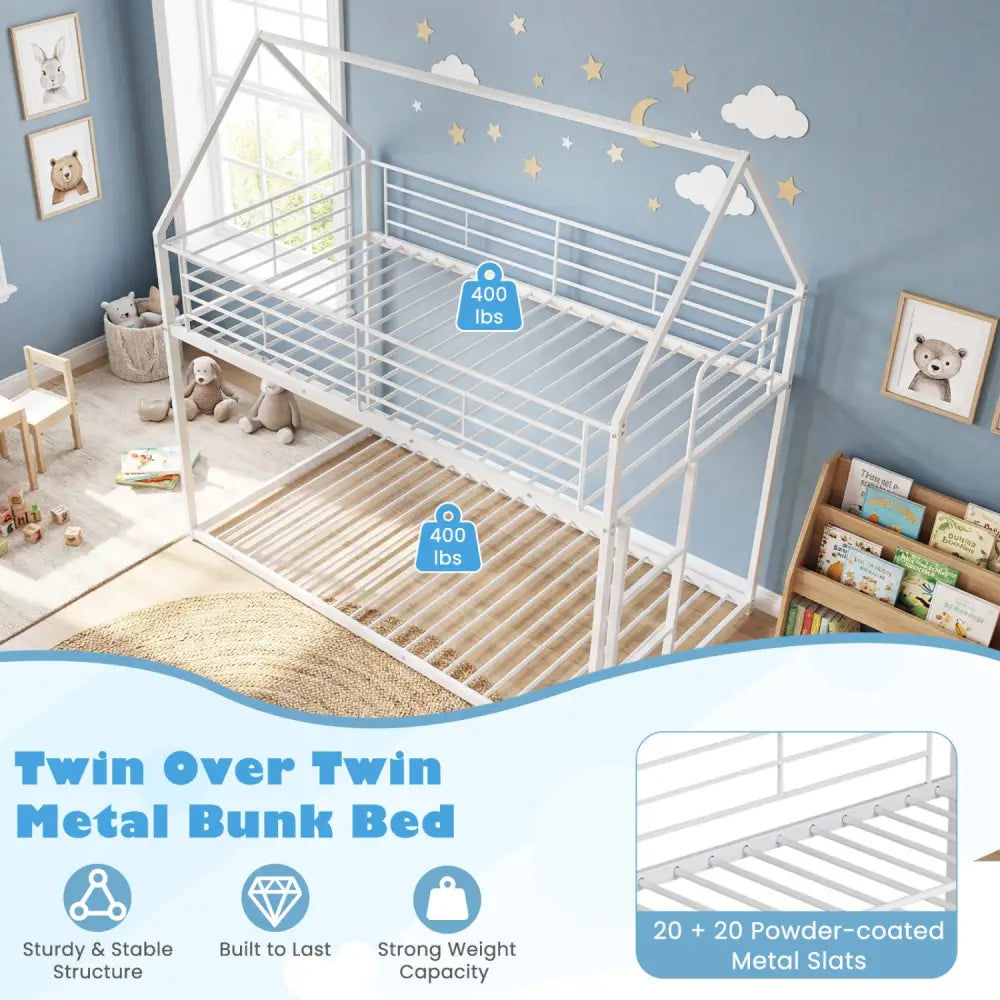 Twin Over Twin Metal Bunk Bed with Roof and Ladder-White - White - Bunk Bed Frame