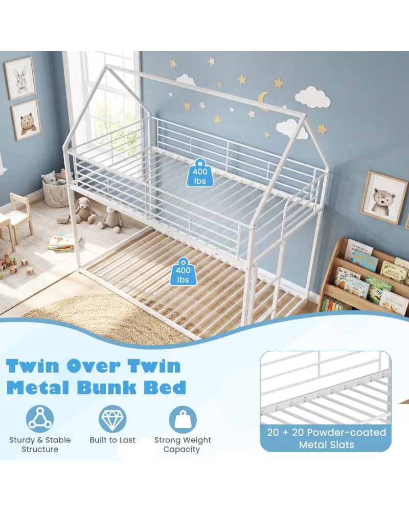 Twin Over Twin Metal Bunk Bed with Roof and Ladder-White - White - Bunk Bed Frame