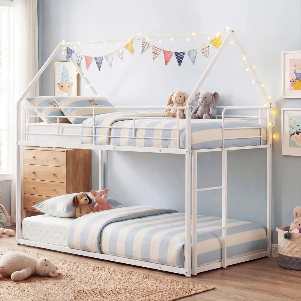 Twin Over Twin Metal Bunk Bed with Roof and Ladder-White - White - Bunk Bed Frame