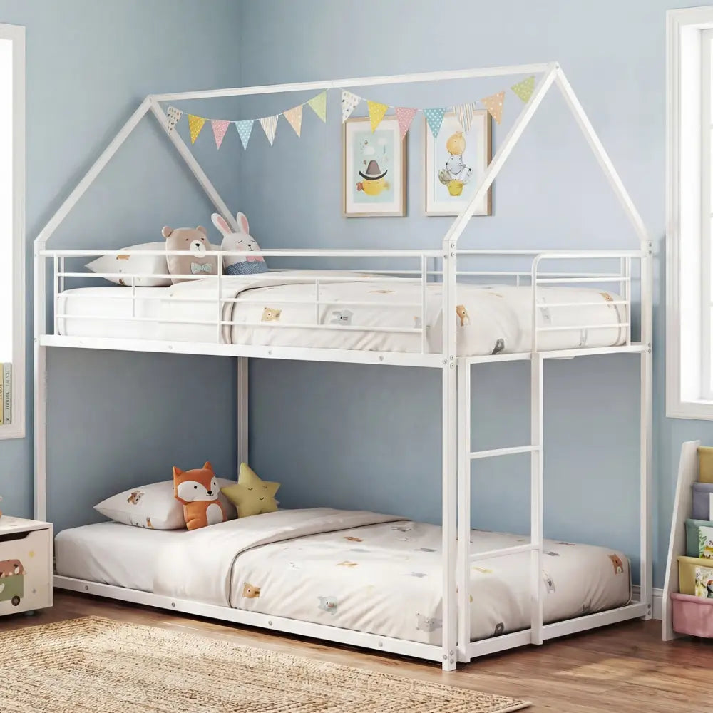 Twin Over Twin Metal Bunk Bed with Roof and Ladder-White - White - Bunk Bed Frame