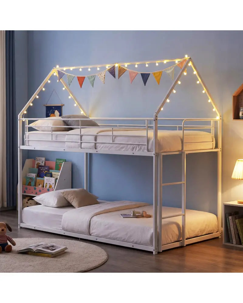 Twin Over Twin Metal Bunk Bed with Roof and Ladder-White - White - Bunk Bed Frame