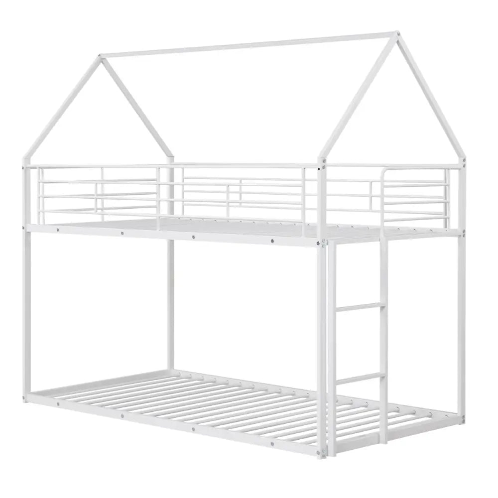 Twin Over Twin Metal Bunk Bed with Roof and Ladder-White - White - Bunk Bed Frame