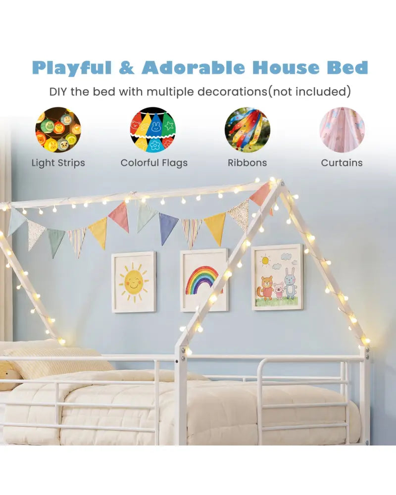 Twin Over Twin Metal Bunk Bed with Roof and Ladder-White - White - Bunk Bed Frame