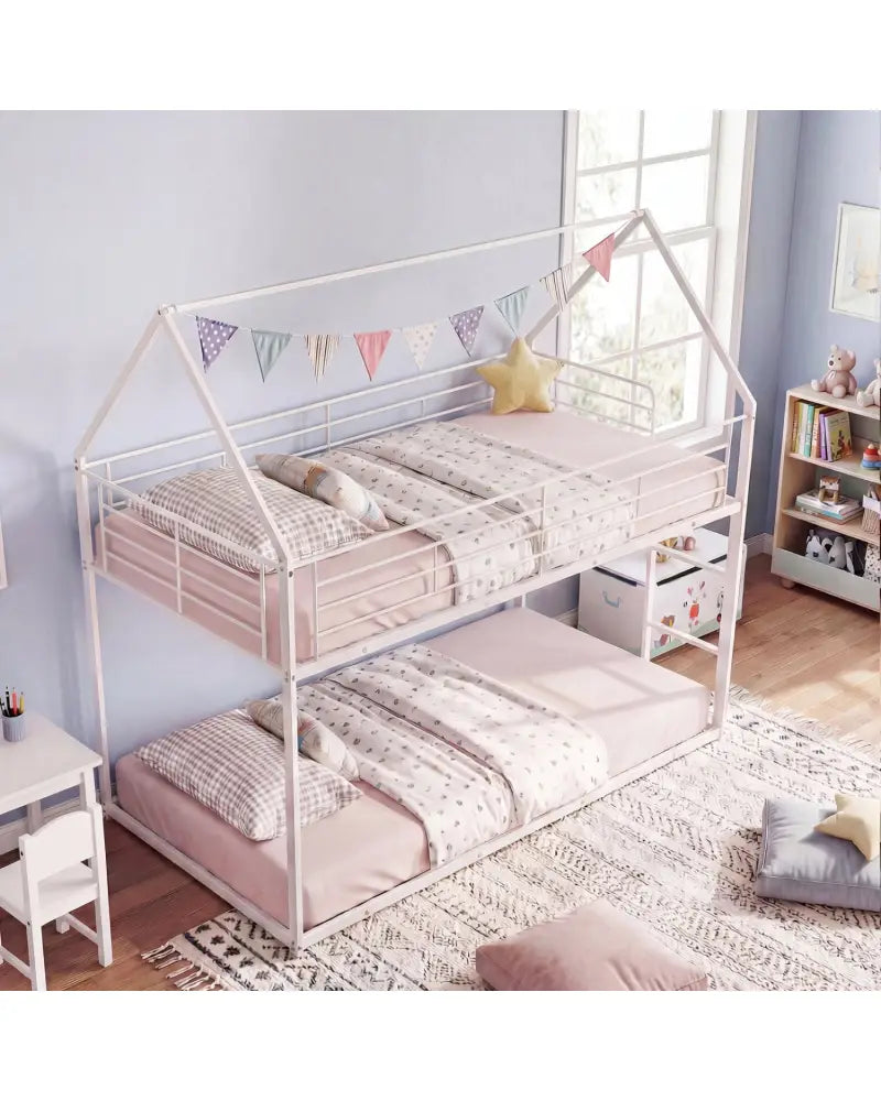 Twin Over Twin Metal Bunk Bed with Roof and Ladder-White - White - Bunk Bed Frame