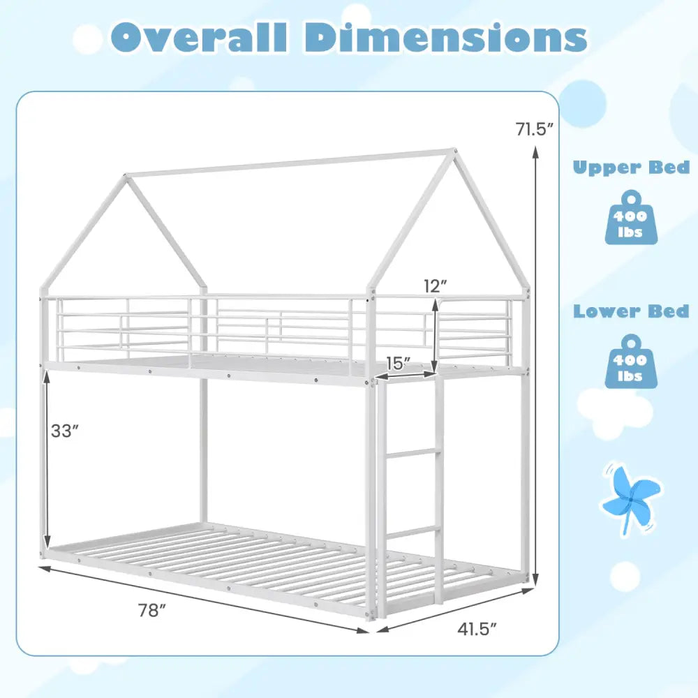 Twin Over Twin Metal Bunk Bed with Roof and Ladder-White - White - Bunk Bed Frame