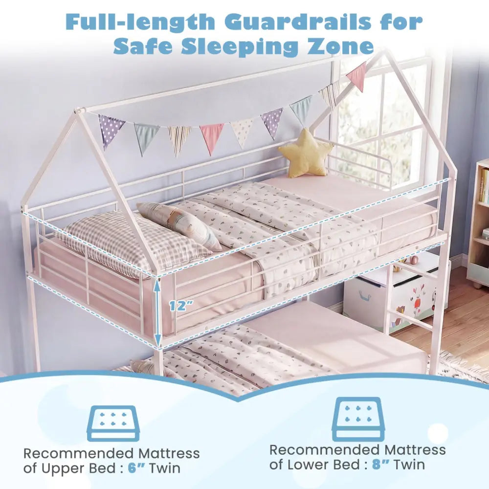 Twin Over Twin Metal Bunk Bed with Roof and Ladder-White - White - Bunk Bed Frame