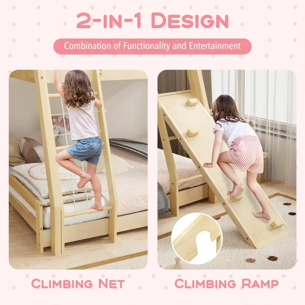 Twin Over Queen Bunk Bed Wooden Kids Bed with Climbing Nets and Ramp-Natural - Natural - Toddler Beds