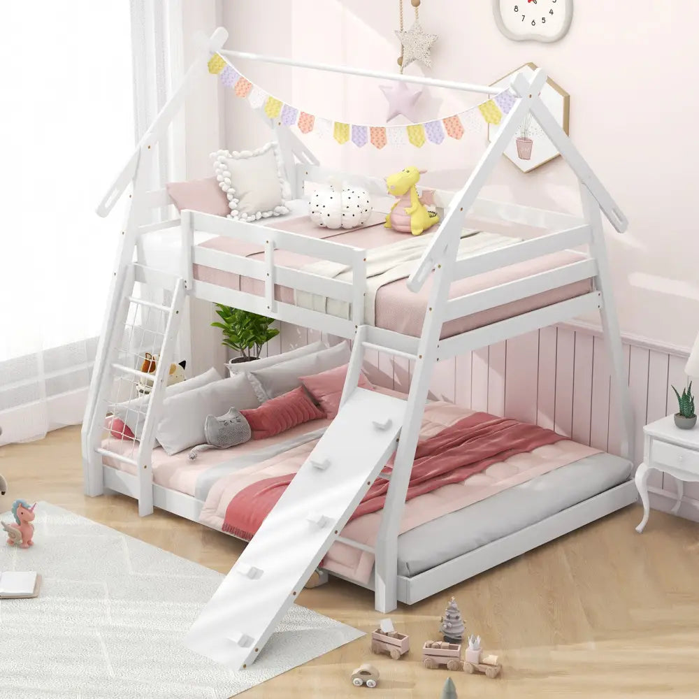 Twin Over Queen Bunk Bed Wooden Kids Bed with Climbing Nets and Ramp-White - White - Toddler Beds