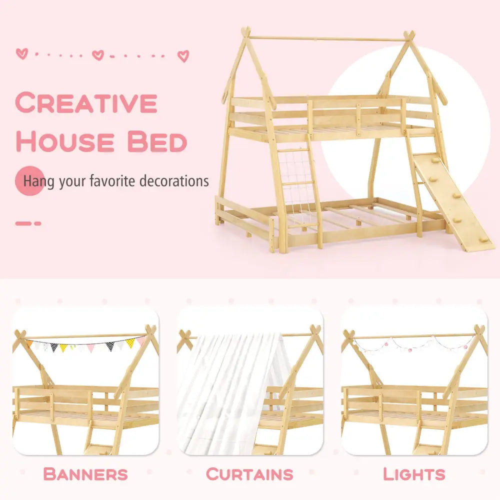 Twin Over Queen Bunk Bed Wooden Kids Bed with Climbing Nets and Ramp-Natural - Natural - Toddler Beds