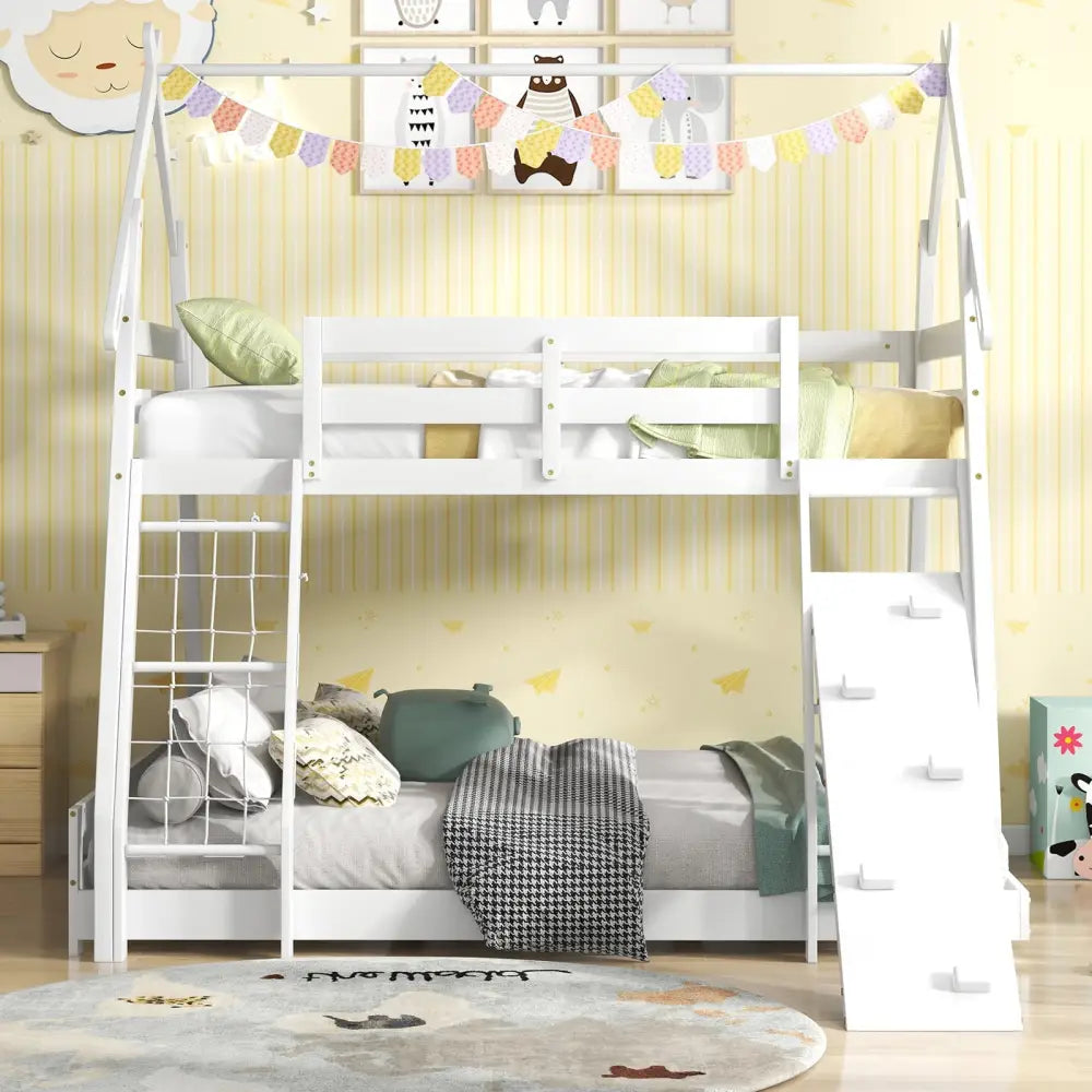 Twin Over Queen Bunk Bed Wooden Kids Bed with Climbing Nets and Ramp-White - White - Toddler Beds