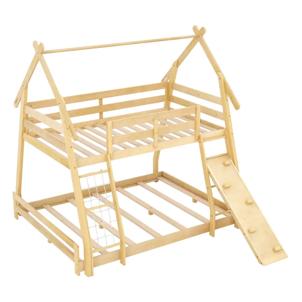Twin Over Queen Bunk Bed Wooden Kids Bed with Climbing Nets and Ramp-Natural - Natural - Toddler Beds