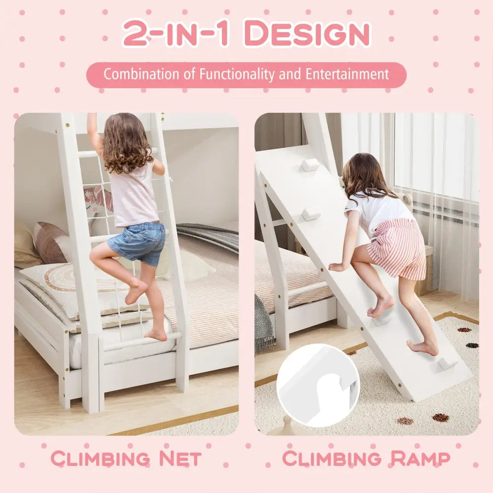 Twin Over Queen Bunk Bed Wooden Kids Bed with Climbing Nets and Ramp-White - White - Toddler Beds