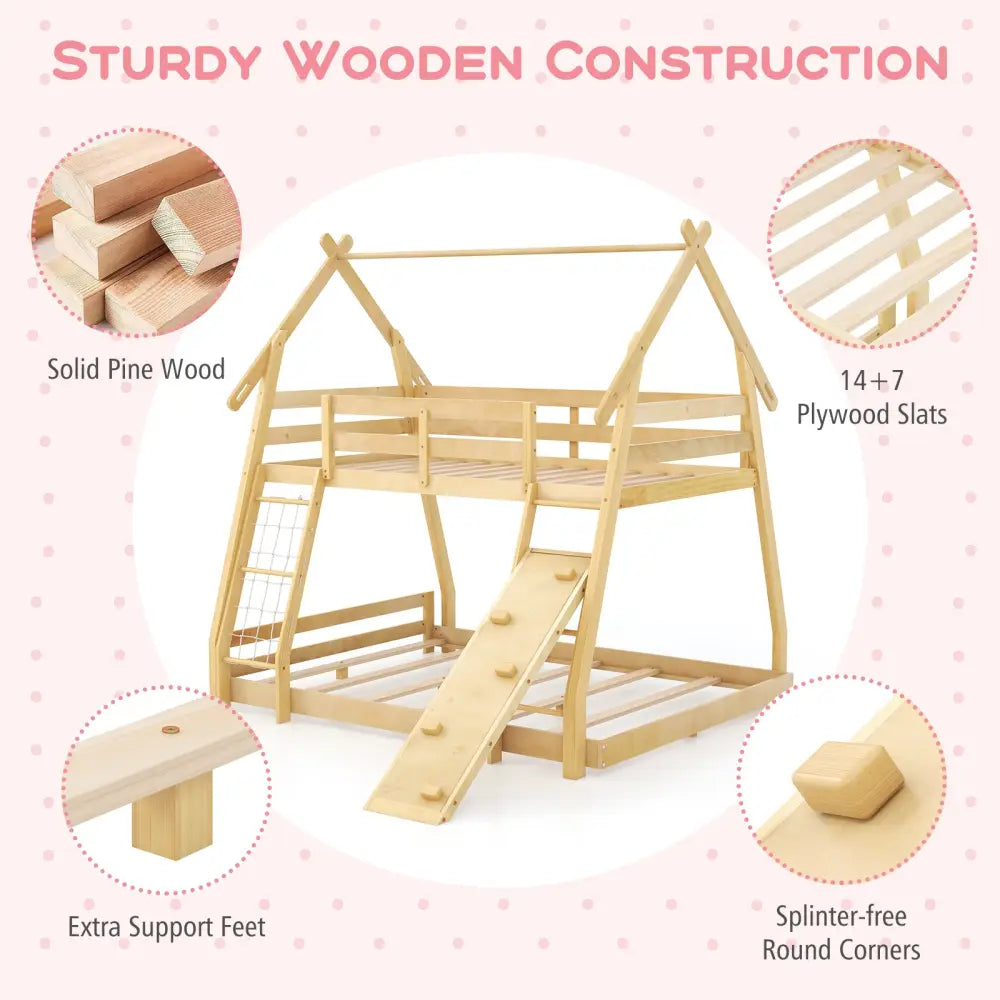 Twin Over Queen Bunk Bed Wooden Kids Bed with Climbing Nets and Ramp-Natural - Natural - Toddler Beds
