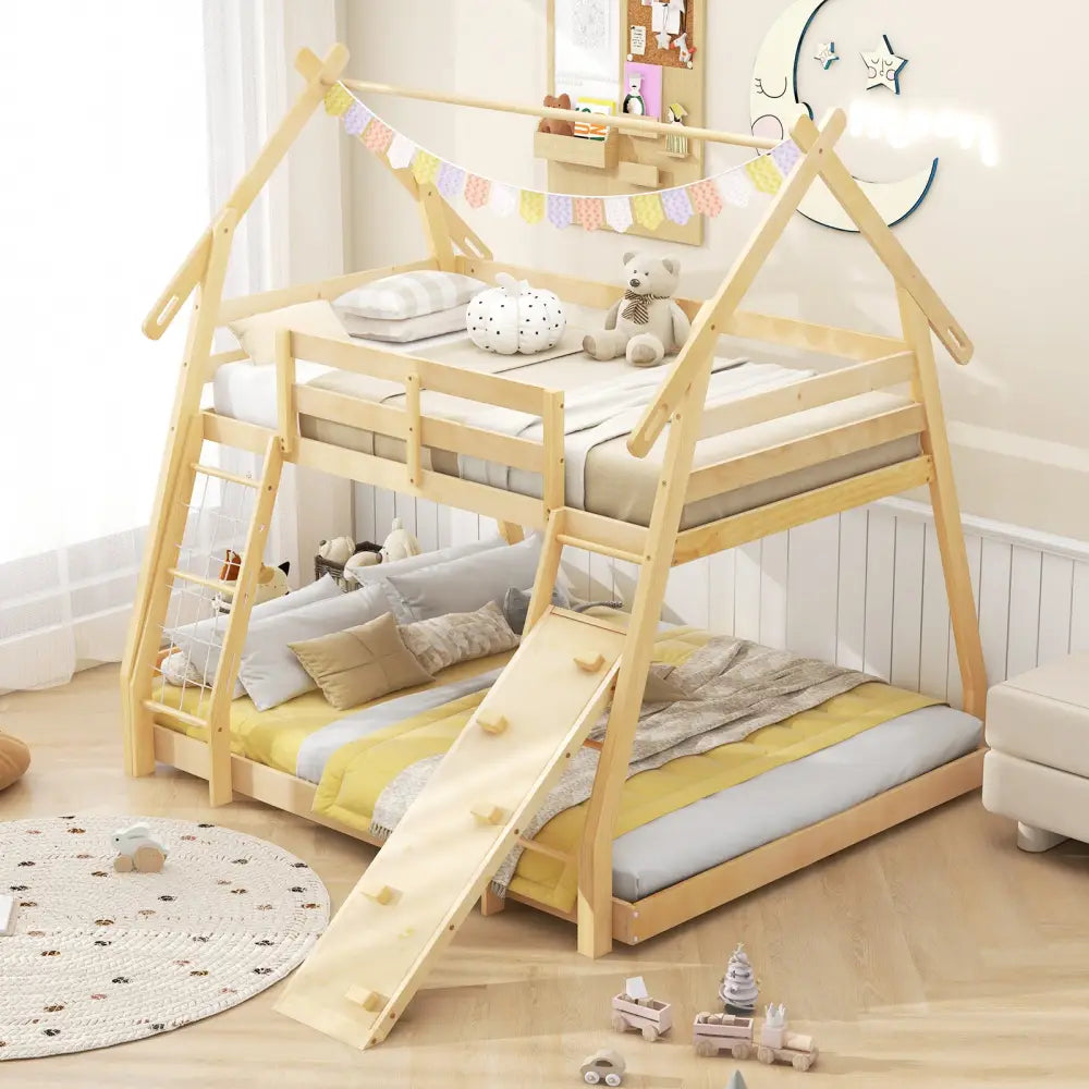 Twin Over Queen Bunk Bed Wooden Kids Bed with Climbing Nets and Ramp-Natural - Natural - Toddler Beds