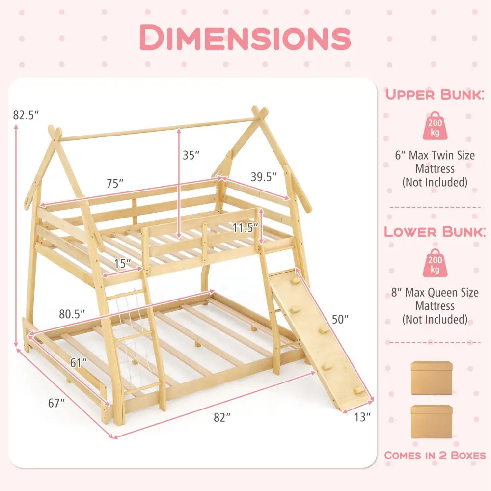 Twin Over Queen Bunk Bed Wooden Kids Bed with Climbing Nets and Ramp-Natural - Natural - Toddler Beds
