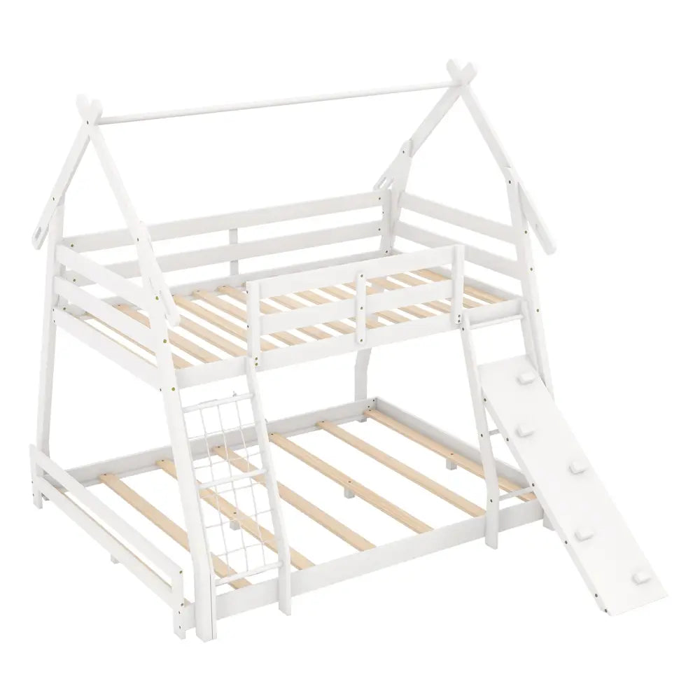 Twin Over Queen Bunk Bed Wooden Kids Bed with Climbing Nets and Ramp-White - White - Toddler Beds