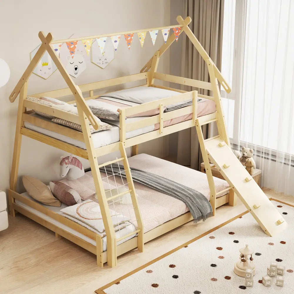 Twin Over Queen Bunk Bed Wooden Kids Bed with Climbing Nets and Ramp-Natural - Natural - Toddler Beds