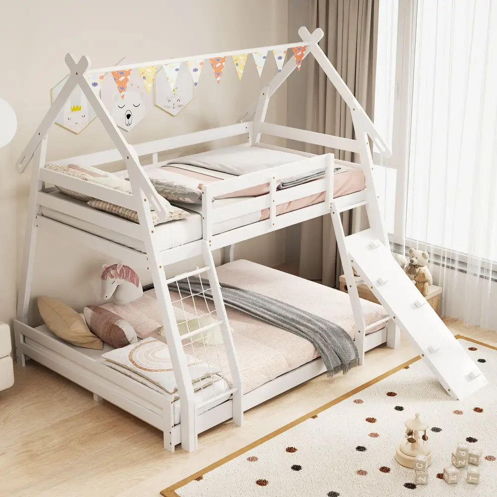 Twin Over Queen Bunk Bed Wooden Kids Bed with Climbing Nets and Ramp-White - White - Toddler Beds