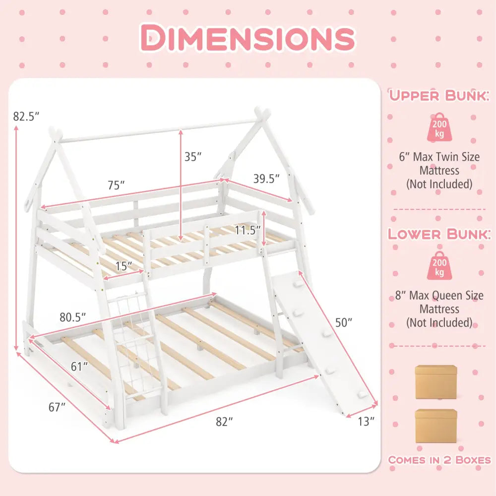 Twin Over Queen Bunk Bed Wooden Kids Bed with Climbing Nets and Ramp-White - White - Toddler Beds