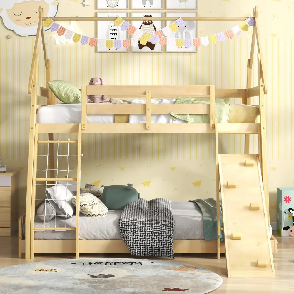 Twin Over Queen Bunk Bed Wooden Kids Bed with Climbing Nets and Ramp-Natural - Natural - Toddler Beds