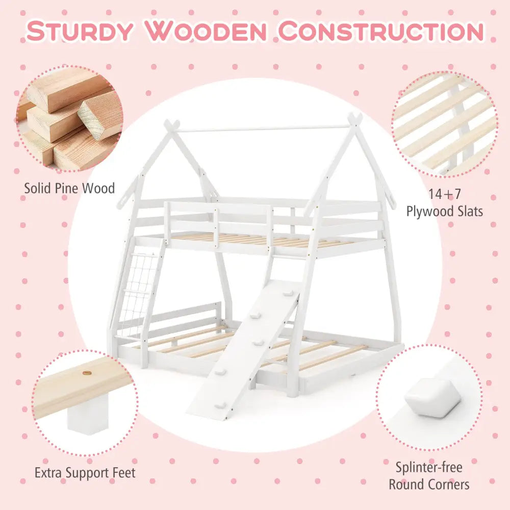 Twin Over Queen Bunk Bed Wooden Kids Bed with Climbing Nets and Ramp-White - White - Toddler Beds