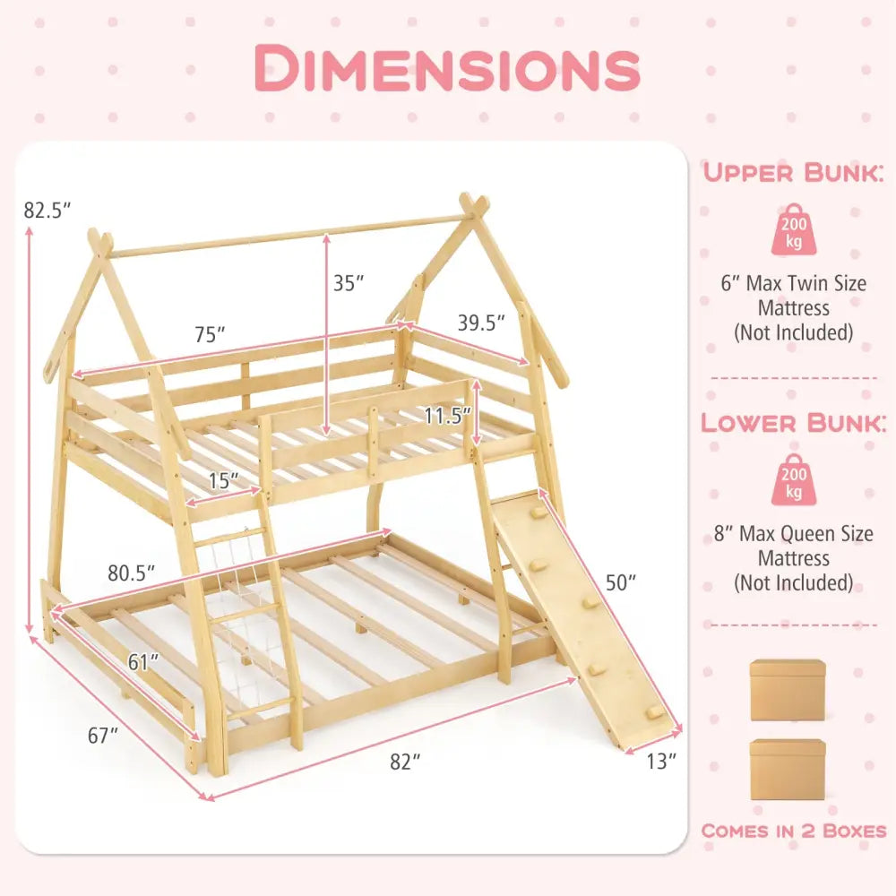 Twin Over Queen Bunk Bed Wooden Kids Bed with Climbing Nets and Ramp-Natural - Natural - Toddler Beds