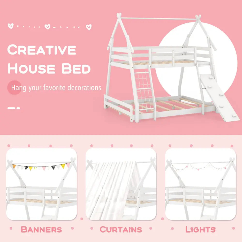 Twin Over Queen Bunk Bed Wooden Kids Bed with Climbing Nets and Ramp-White - White - Toddler Beds