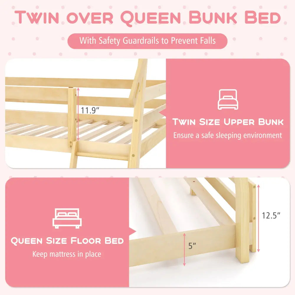 Twin Over Queen Bunk Bed Wooden Kids Bed with Climbing Nets and Ramp-Natural - Natural - Toddler Beds