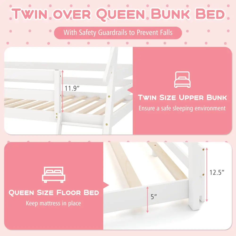 Twin Over Queen Bunk Bed Wooden Kids Bed with Climbing Nets and Ramp-White - White - Toddler Beds