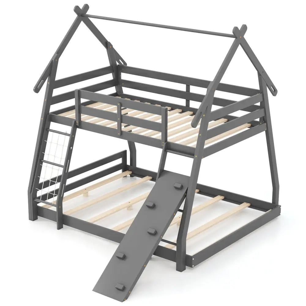 Twin Over Queen Bunk Bed Wooden Kids Bed with Climbing Nets and Ramp-Gray - Gray - Toddler Beds