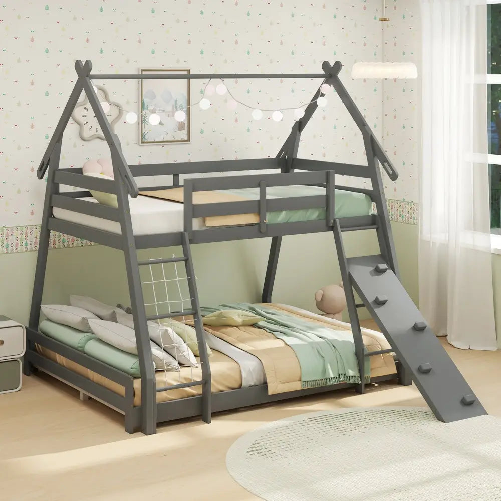 Twin Over Queen Bunk Bed Wooden Kids Bed with Climbing Nets and Ramp-Gray - Gray - Toddler Beds