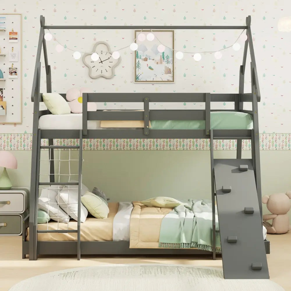 Twin Over Queen Bunk Bed Wooden Kids Bed with Climbing Nets and Ramp-Gray - Gray - Toddler Beds