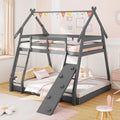 Twin Over Queen Bunk Bed Wooden Kids Bed with Climbing Nets and Ramp-Gray - Gray - Toddler Beds