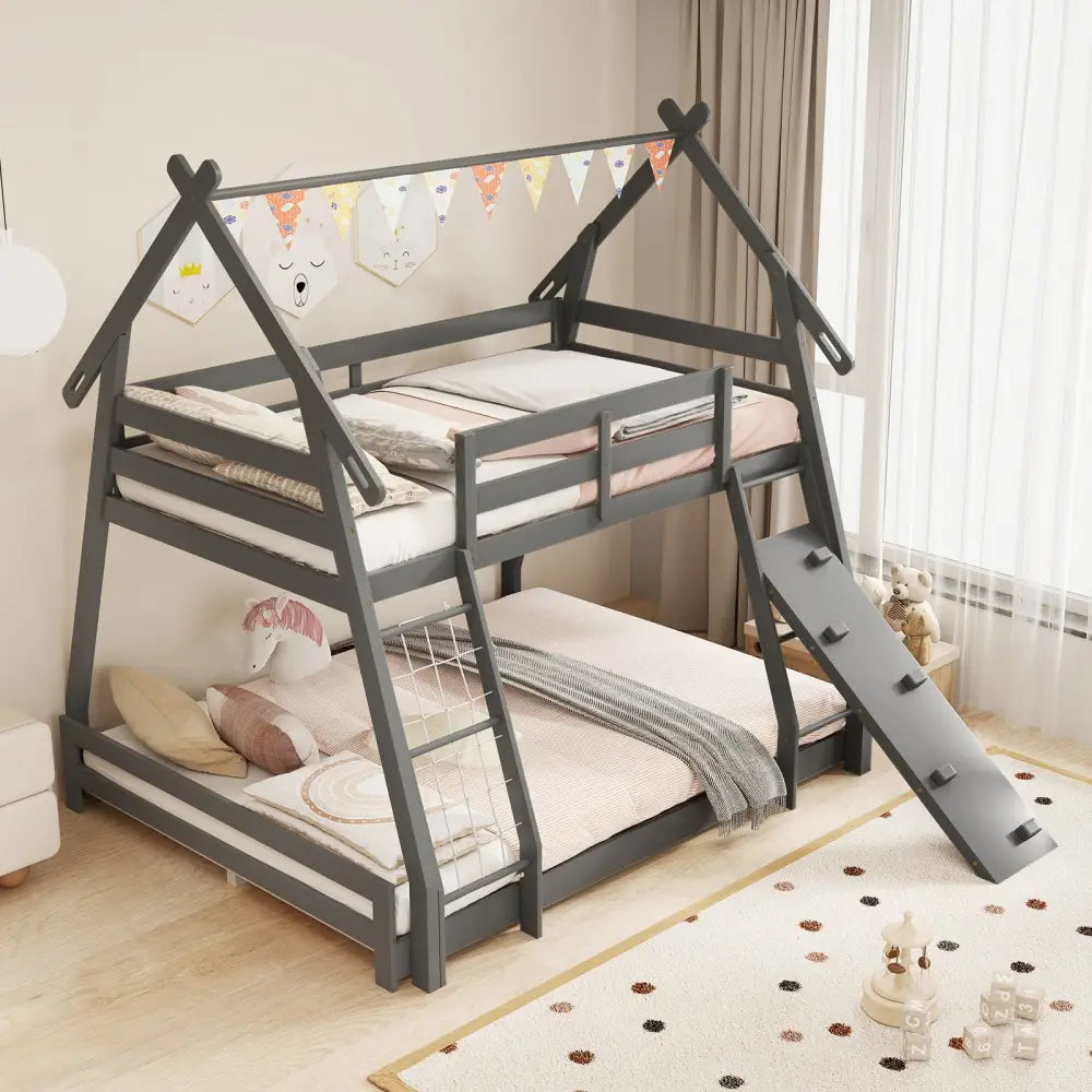 Twin Over Queen Bunk Bed Wooden Kids Bed with Climbing Nets and Ramp-Gray - Gray - Toddler Beds