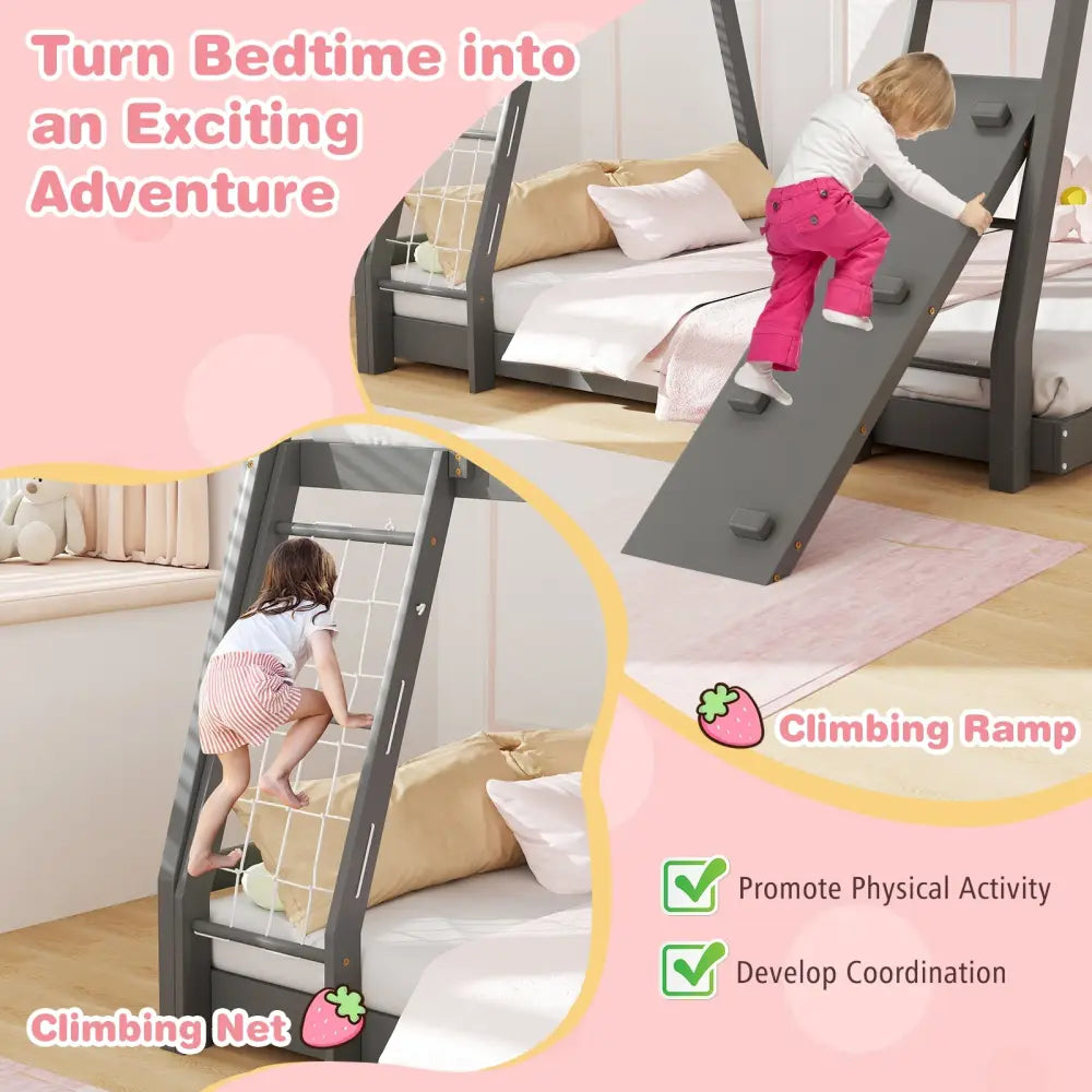 Twin Over Queen Bunk Bed Wooden Kids Bed with Climbing Nets and Ramp-Gray - Gray - Toddler Beds