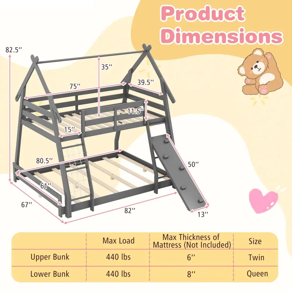 Twin Over Queen Bunk Bed Wooden Kids Bed with Climbing Nets and Ramp-Gray - Gray - Toddler Beds