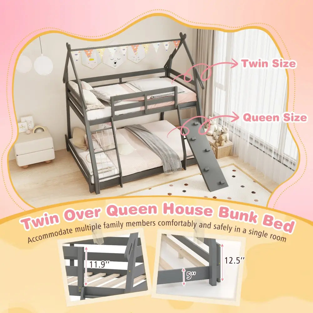 Twin Over Queen Bunk Bed Wooden Kids Bed with Climbing Nets and Ramp-Gray - Gray - Toddler Beds