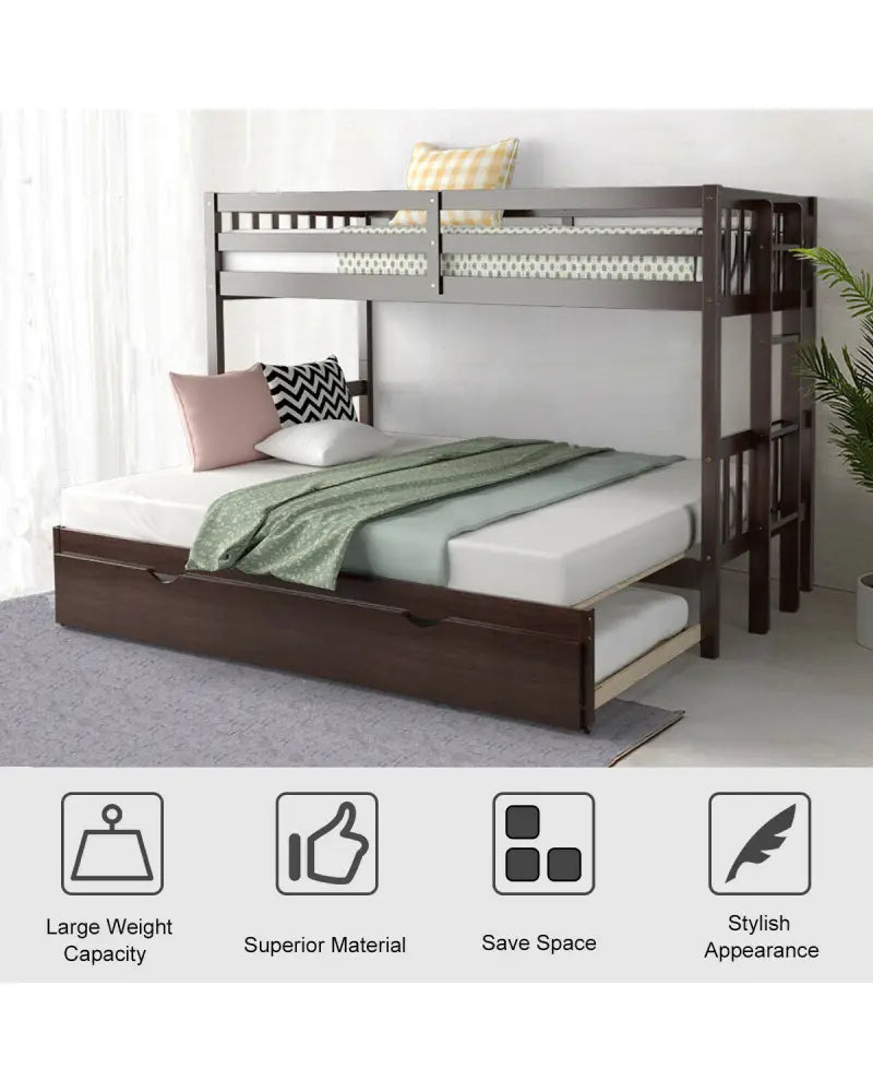 Twin Pull-Out Bunk Bed with Trundle Wooden Ladder-Dark Brown - Dark Brown - Bunk Bed Frame