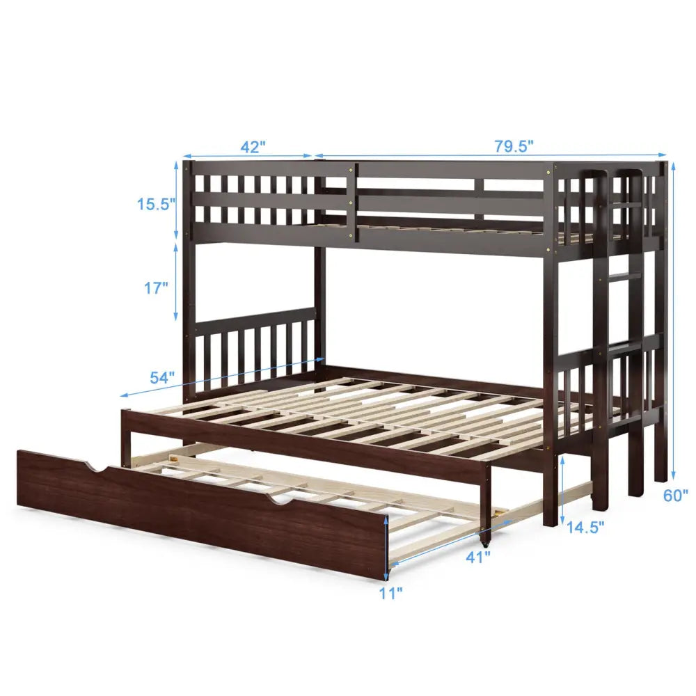 Twin Pull-Out Bunk Bed with Trundle Wooden Ladder-Dark Brown - Dark Brown - Bunk Bed Frame