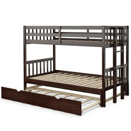 Twin Pull-Out Bunk Bed with Trundle Wooden Ladder-Dark Brown - Dark Brown - Bunk Bed Frame