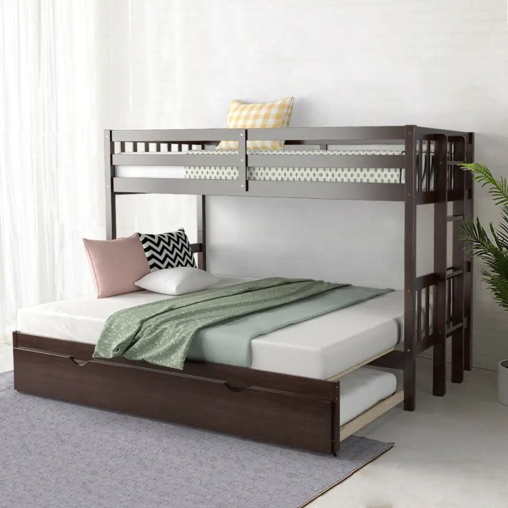 Twin Pull-Out Bunk Bed with Trundle Wooden Ladder-Dark Brown - Dark Brown - Bunk Bed Frame
