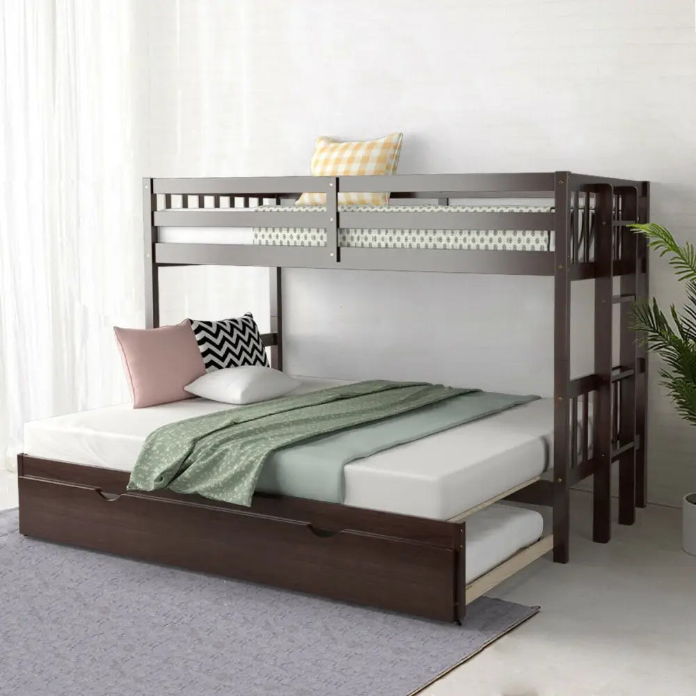 Twin Pull-Out Bunk Bed with Trundle Wooden Ladder-Dark Brown - Dark Brown - Bunk Bed Frame