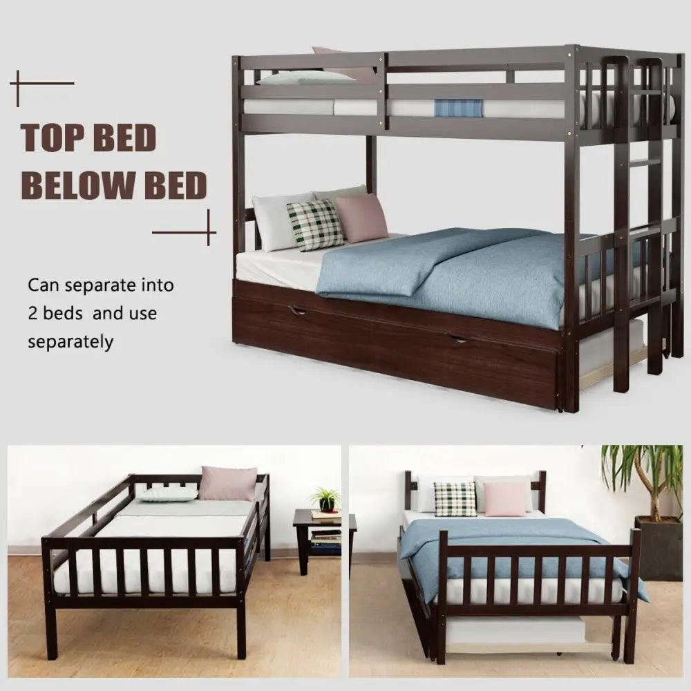 Twin Pull-Out Bunk Bed with Trundle Wooden Ladder-Dark Brown - Dark Brown - Bunk Bed Frame