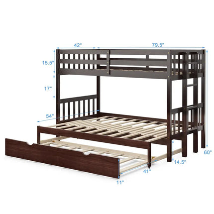 Twin Pull-Out Bunk Bed with Trundle Wooden Ladder-Dark Brown - Dark Brown - Bunk Bed Frame