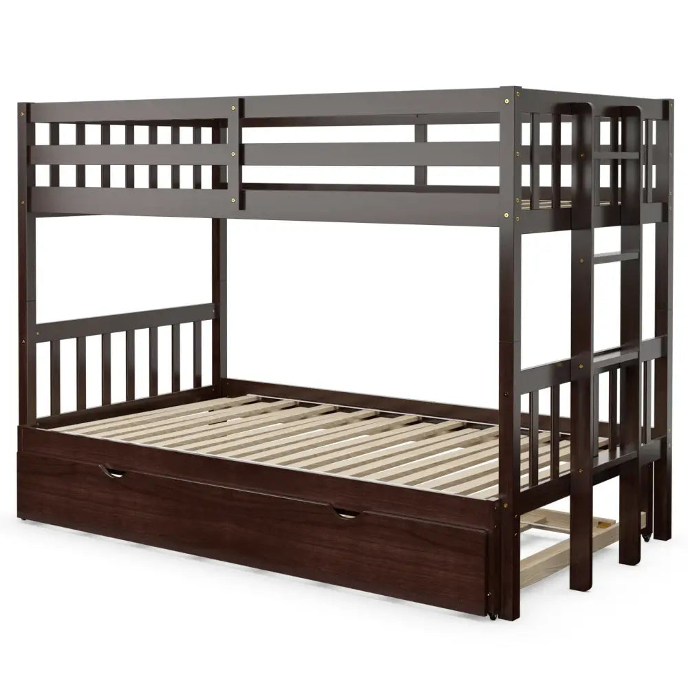 Twin Pull-Out Bunk Bed with Trundle Wooden Ladder-Dark Brown - Dark Brown - Bunk Bed Frame