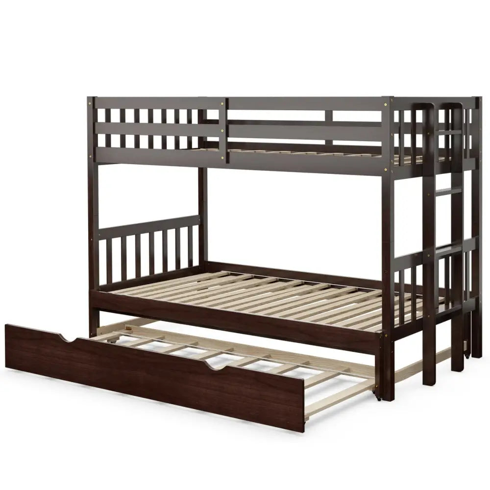 Twin Pull-Out Bunk Bed with Trundle Wooden Ladder-Dark Brown - Dark Brown - Bunk Bed Frame