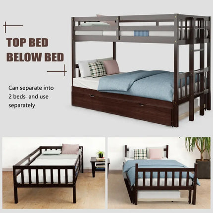 Twin Pull-Out Bunk Bed with Trundle Wooden Ladder-Dark Brown - Dark Brown - Bunk Bed Frame