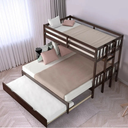 Twin Pull-Out Bunk Bed with Trundle Wooden Ladder-Dark Brown - Dark Brown - Bunk Bed Frame